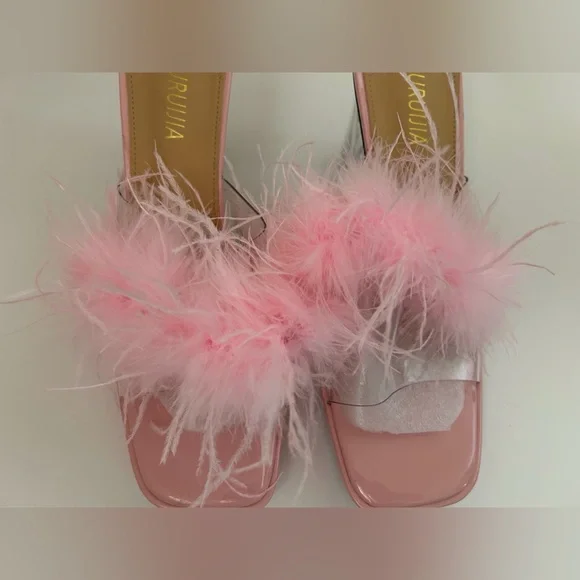 LIURUIJIA Square Toe Feathers High Heel Fur Mules Sandals Size 44 (US 11.5) - Picture 2 of 10